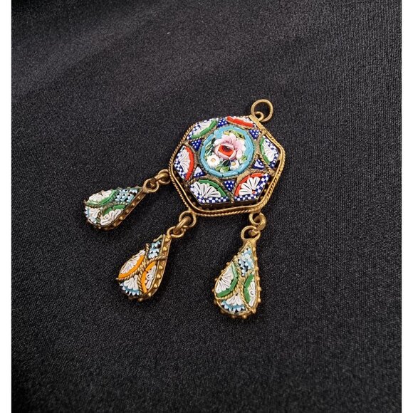Antique 1920s Made In Italy Micro Mosaic Pendant With Floral Hexagon Design - Picture 1 of 6